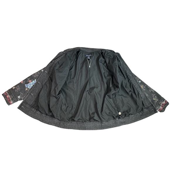 Denim & Co Denim Jacket Charcoal Gray Wash Multicolor Floral Embroidery Medium - Picture 8 of 9